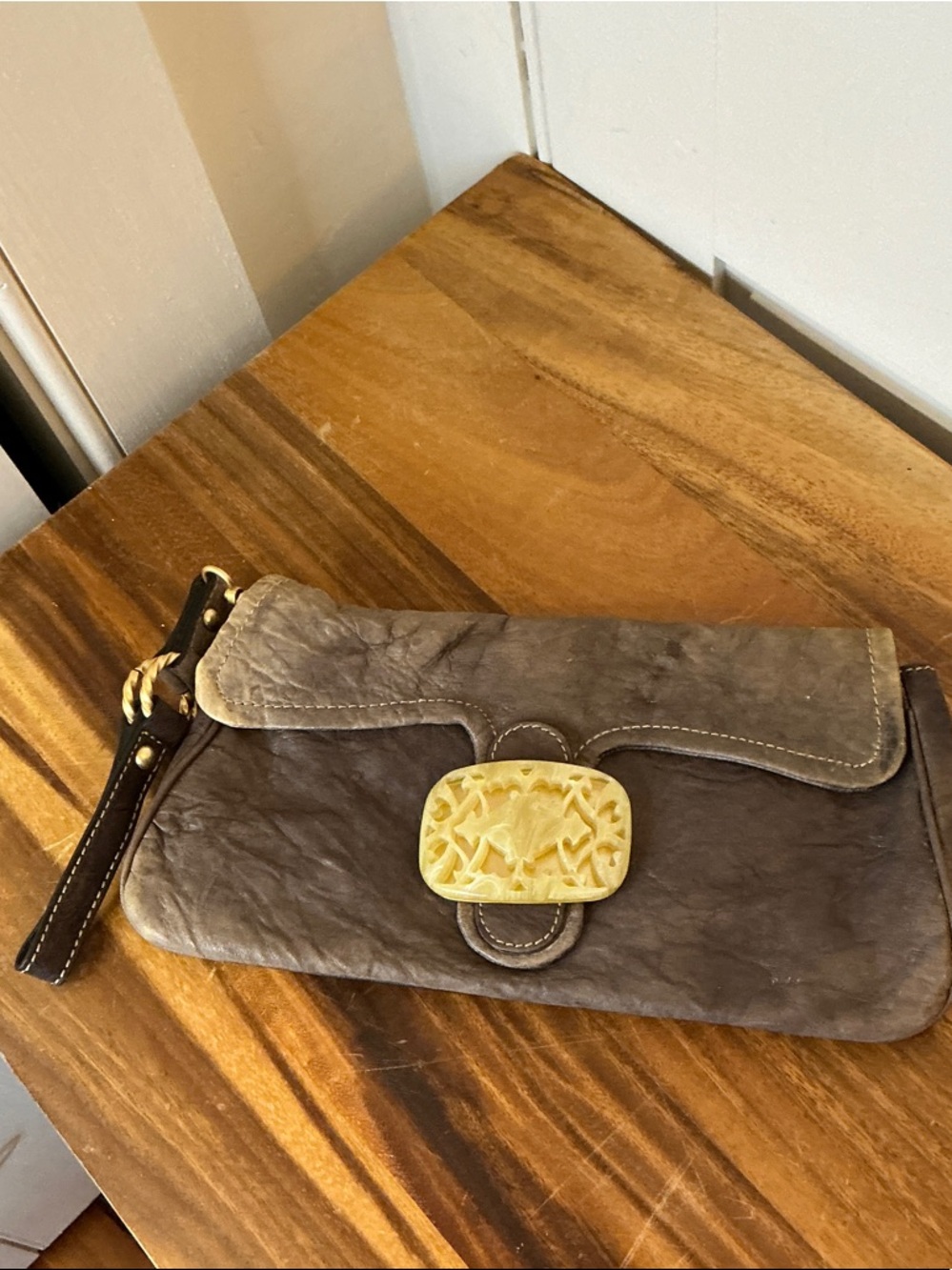 Tracy Reese Brown Leather Wristlet Clutch with Carved Cream Accent